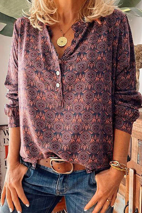 Street Vintage Print Buckle V Neck Tops(3 Colors)